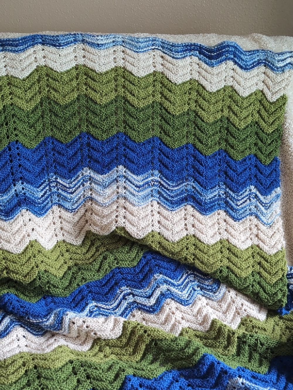 Vintage Handmade Knit Throw Blanket in Green, Blue & Cream 50" X 60"